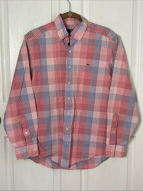 Vineyard Vines Red Blue Plaid Button Down Whale Shirt 100% Cotton Preppy Sz S